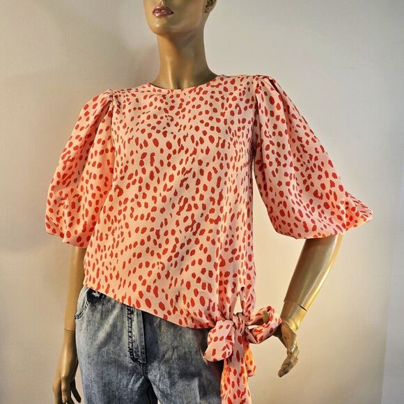 VINCE CAMUTO Animal Print Puff Sleeve Tangerine Blouse Sash Tie Womens Sz XS - Picture 1 of 11